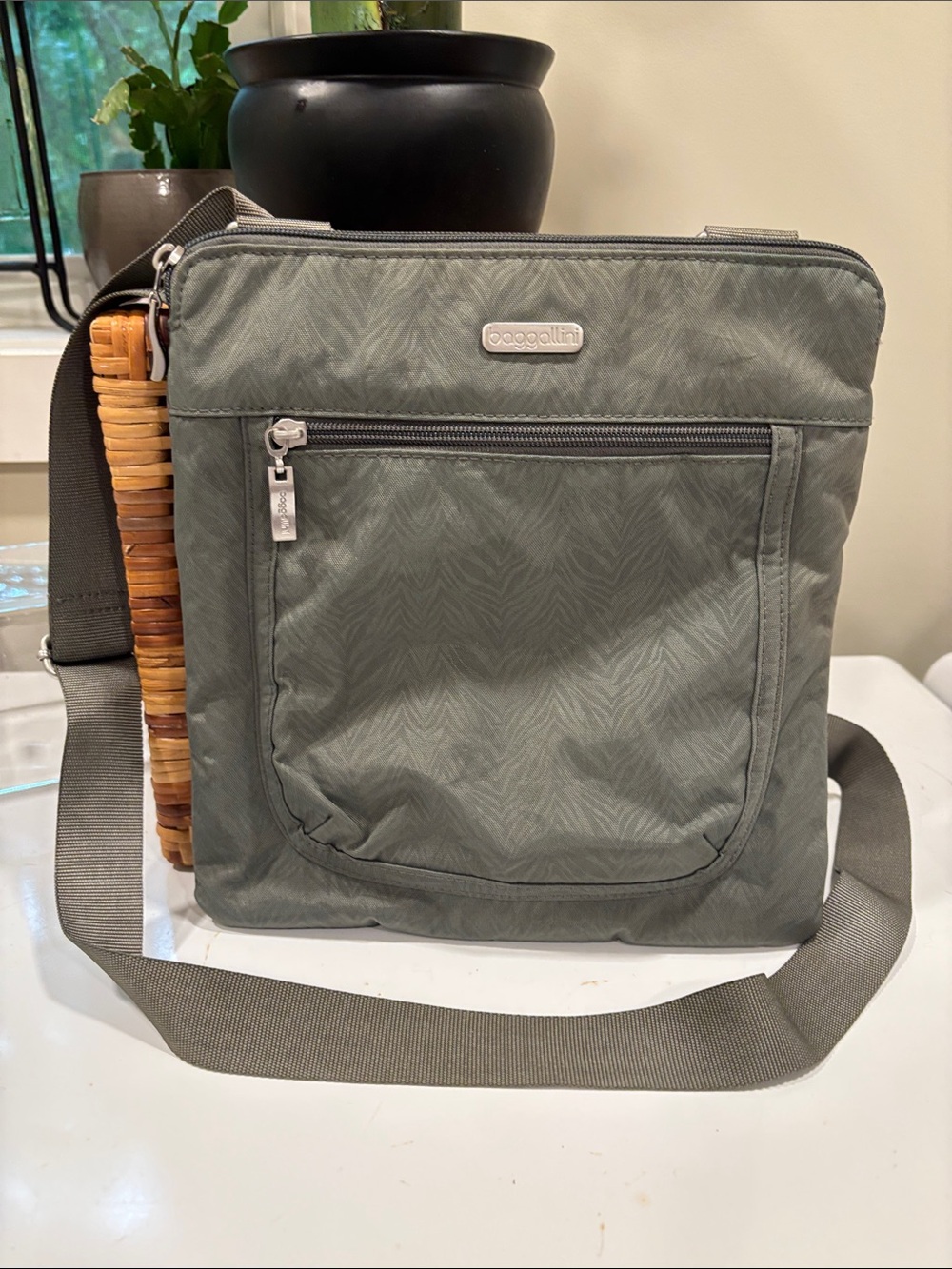 Baggallini Gray Green Crossbody Bag with Subtle Animal Print